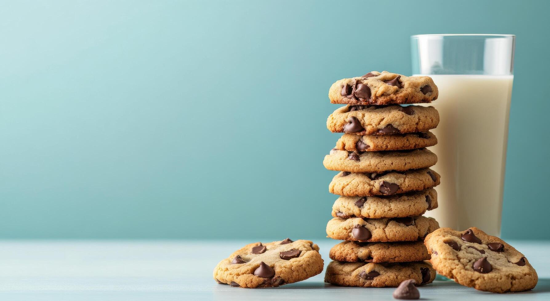Stacked chocolate chip cookies beside a glass of milk on a light tabletop in a cozy setting photo