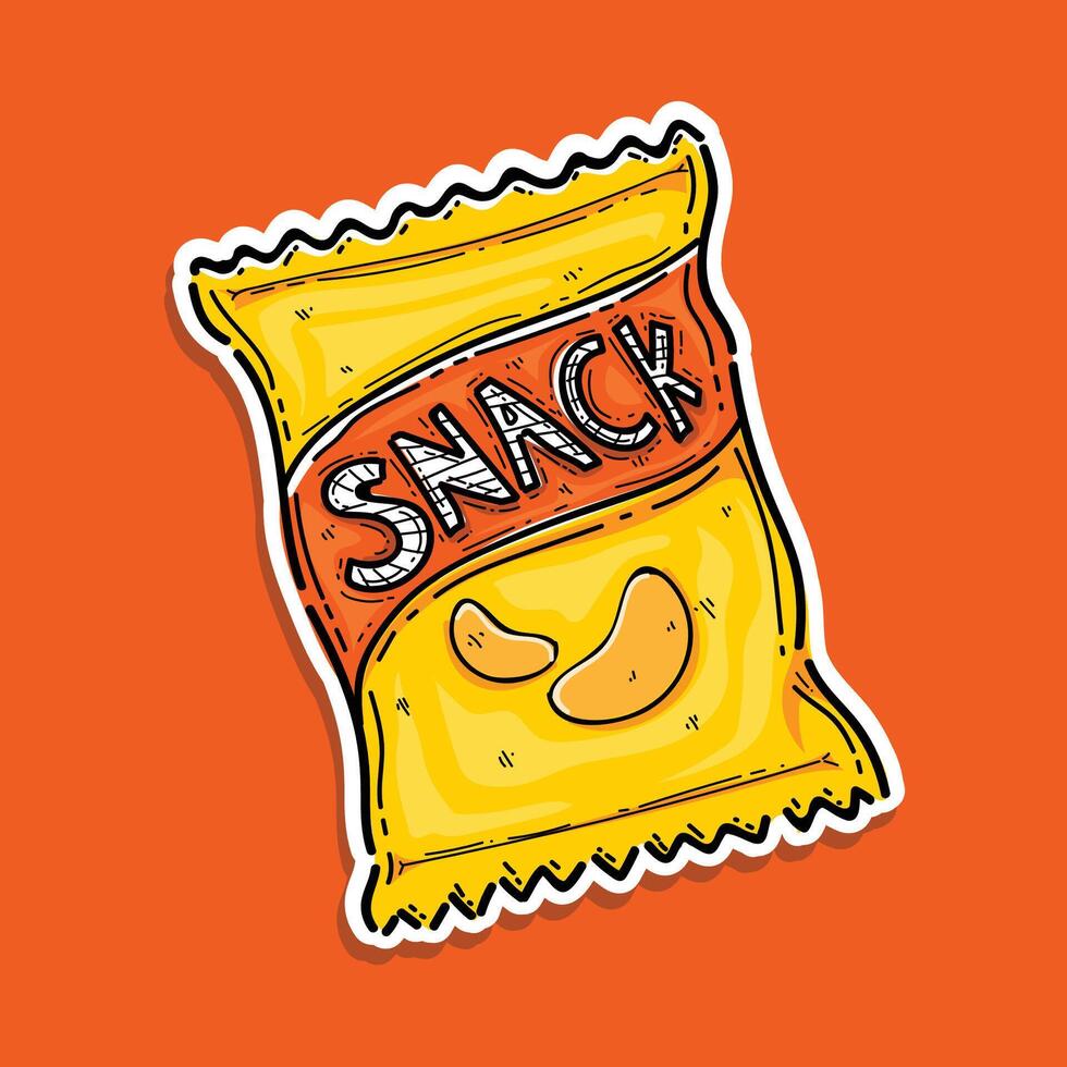 yellow orange potato chip snack bag sticker style illustration design isolated in an orange background vector