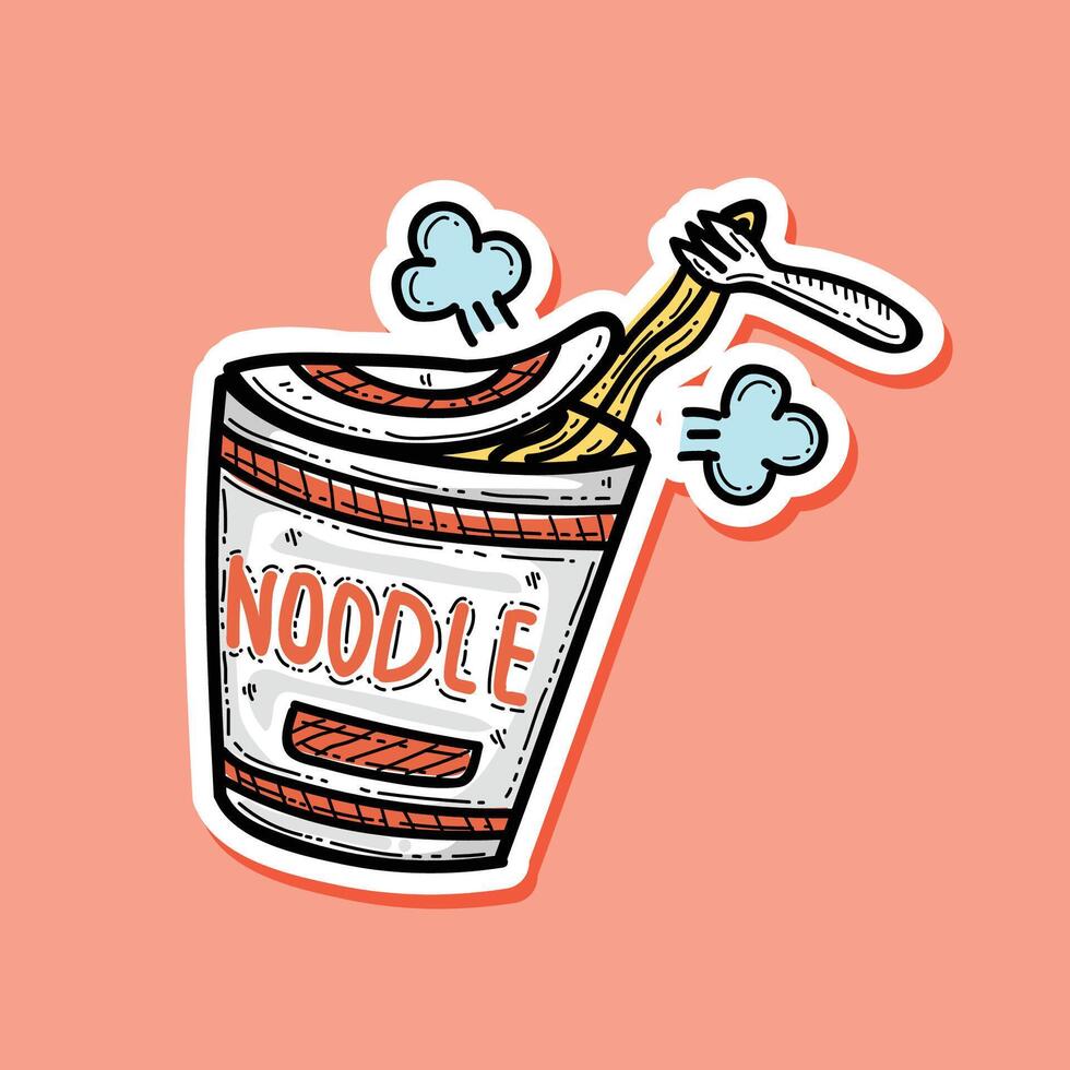 Instant ramen noodles cup illustration design sticker style, cute noodle cup, hand drawn style, isolated on peach background. vector
