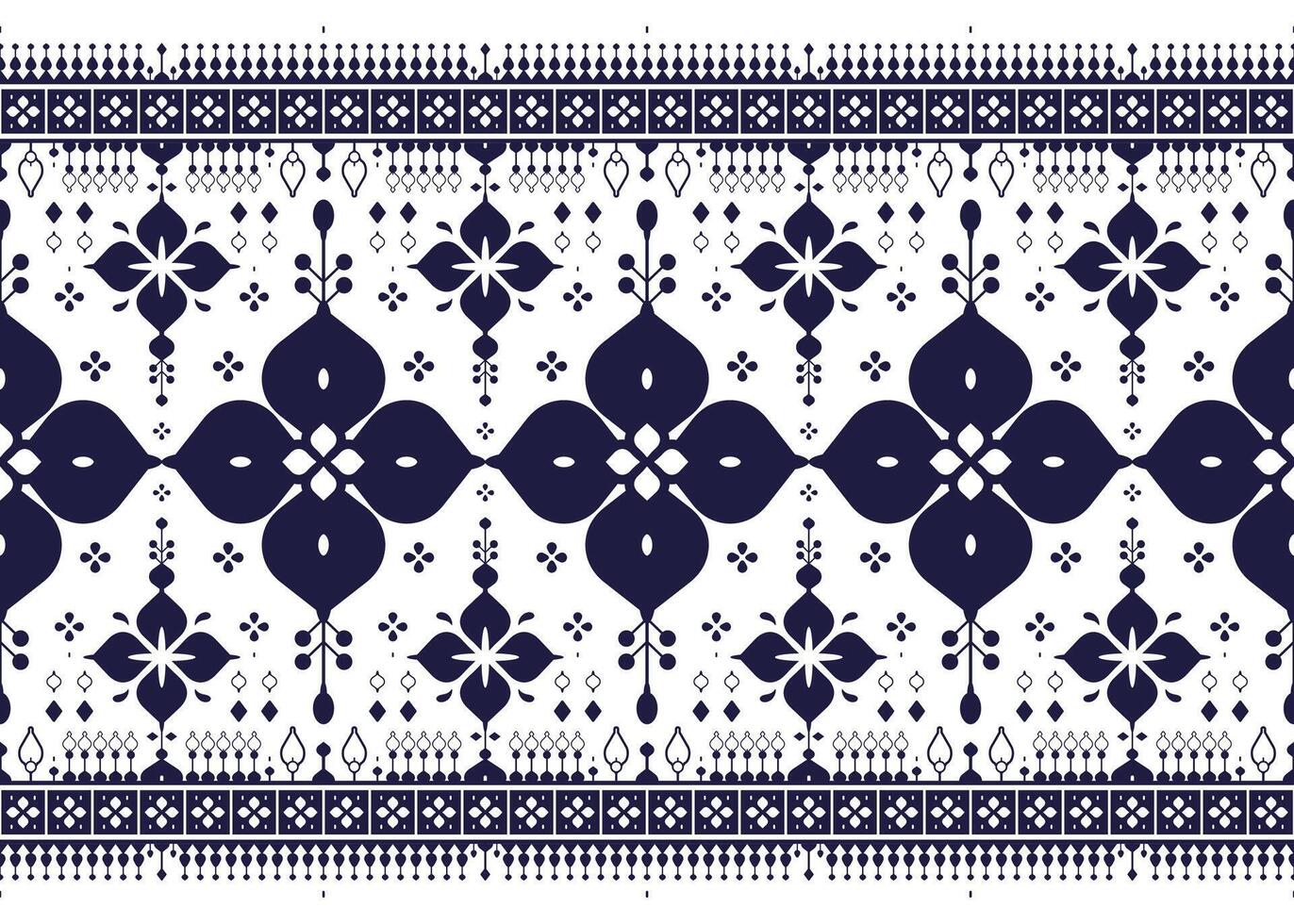 dark blue geometric and floral ethnic fabric seamless pattern on white background, design for cloth, carpet, batik, wallpaper, wrapping etc. vector