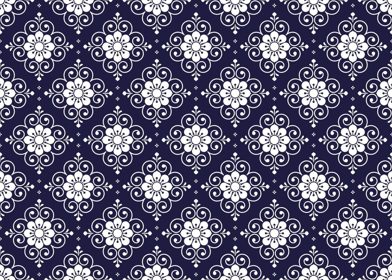 Portuguese White symbol floral on dark blue background, ethnic fabric seamless pattern, design for cloth, carpet, batik, wallpaper, wrapping etc. vector