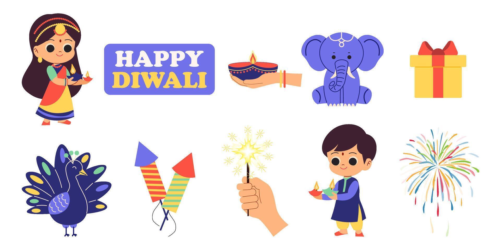 Cute stickers of the Hindu festival of Diwali in a flat cartoon design. symbols of the celebration of Diwali. illustration vector