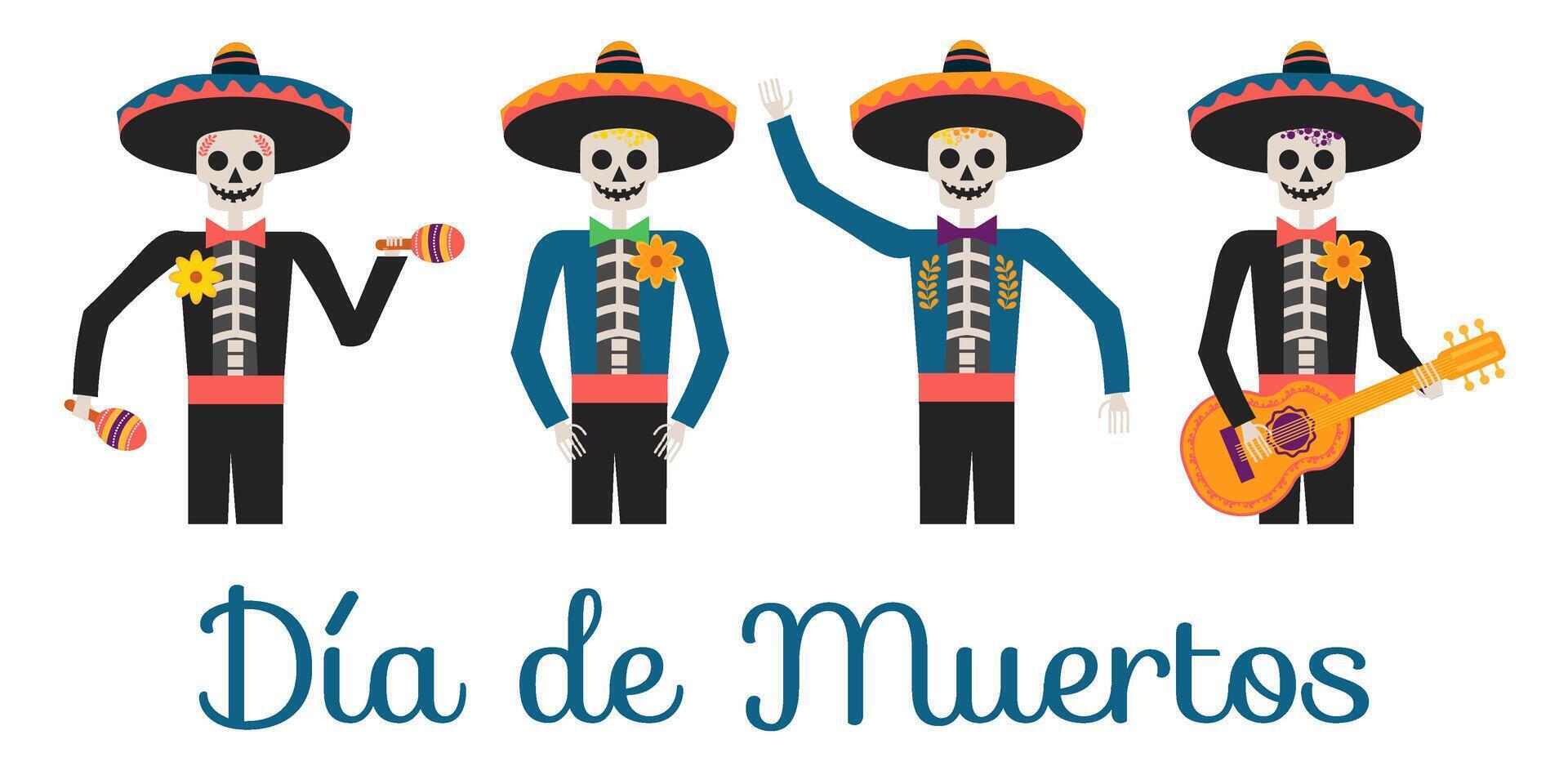 Mariachi skeletons play musical instruments. illustration of sugar skull vector