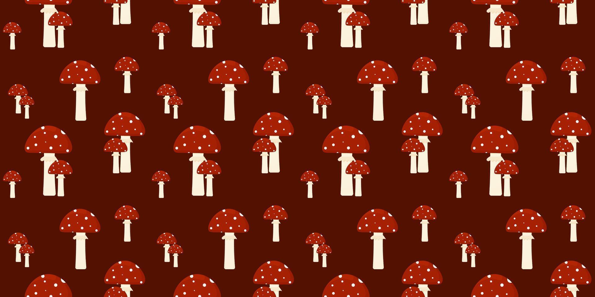 Seamless pattern of red Fly agaric on a dark brown background. Perfect for textiles, wallpapers, or web design. vector