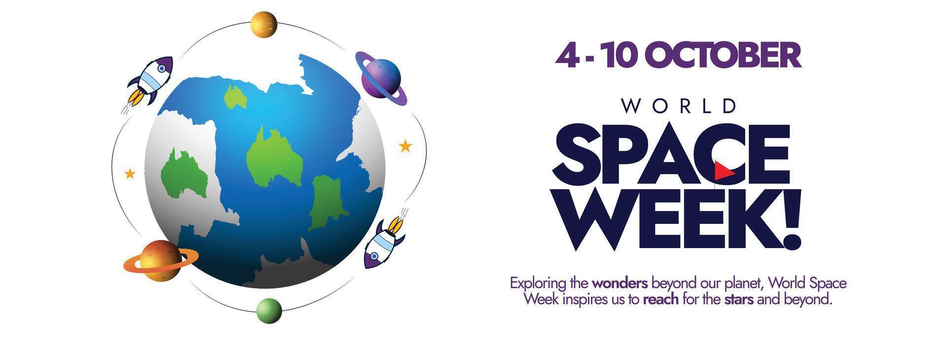 World Space Week. 4 to 10 October space week conceptual cover banner, post with earth globe, planets, spaceships revolving around it vector
