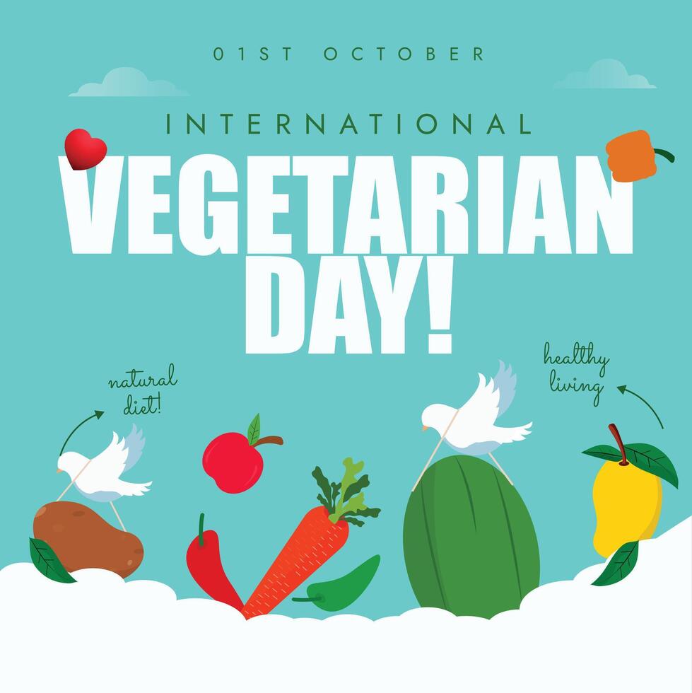 1st October Vegetarian day celebration banner, post with fruits and vegetables icons vector