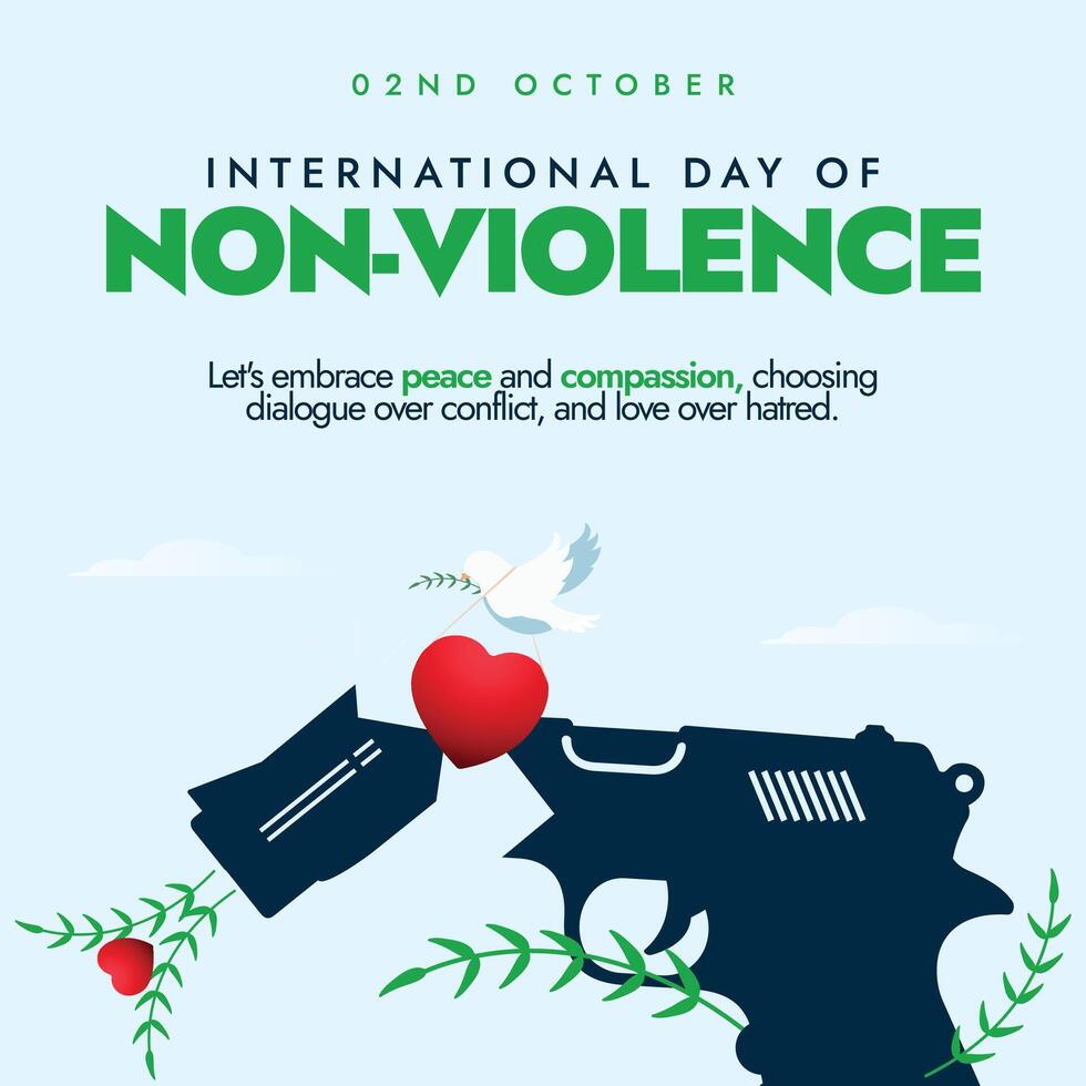 International day of Non Violence. 2nd October Non violence day conceptual banner with broken gun, heart coming out of it, doves symbolizing peace. vector
