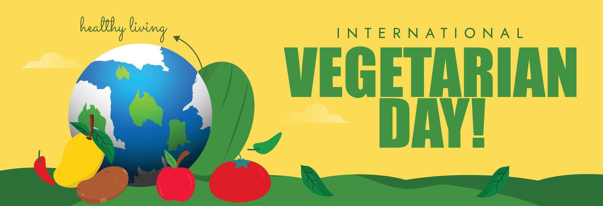 World vegetarian Day. 1 October Vegetarian day social media cover banner with fruits and vegetables, earth globe. The day promote the benefits, compassion, joy of vegetarian lifestyle, promoting vegan vector
