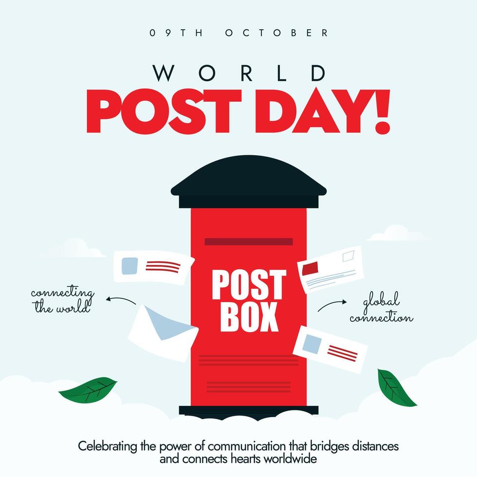World Post day. 9th October post day celebration banner concept with red post box, letters around it. The day recognizes the importance of postal services and the role they play in connecting people. vector