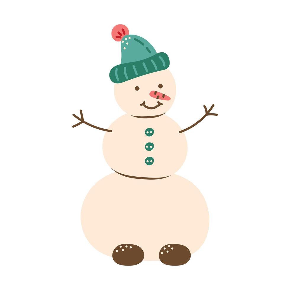 Cheerful snowman in a green hat. Isolated element for design of cards, patterns, banners. Christmas and New Year character. illustration. vector
