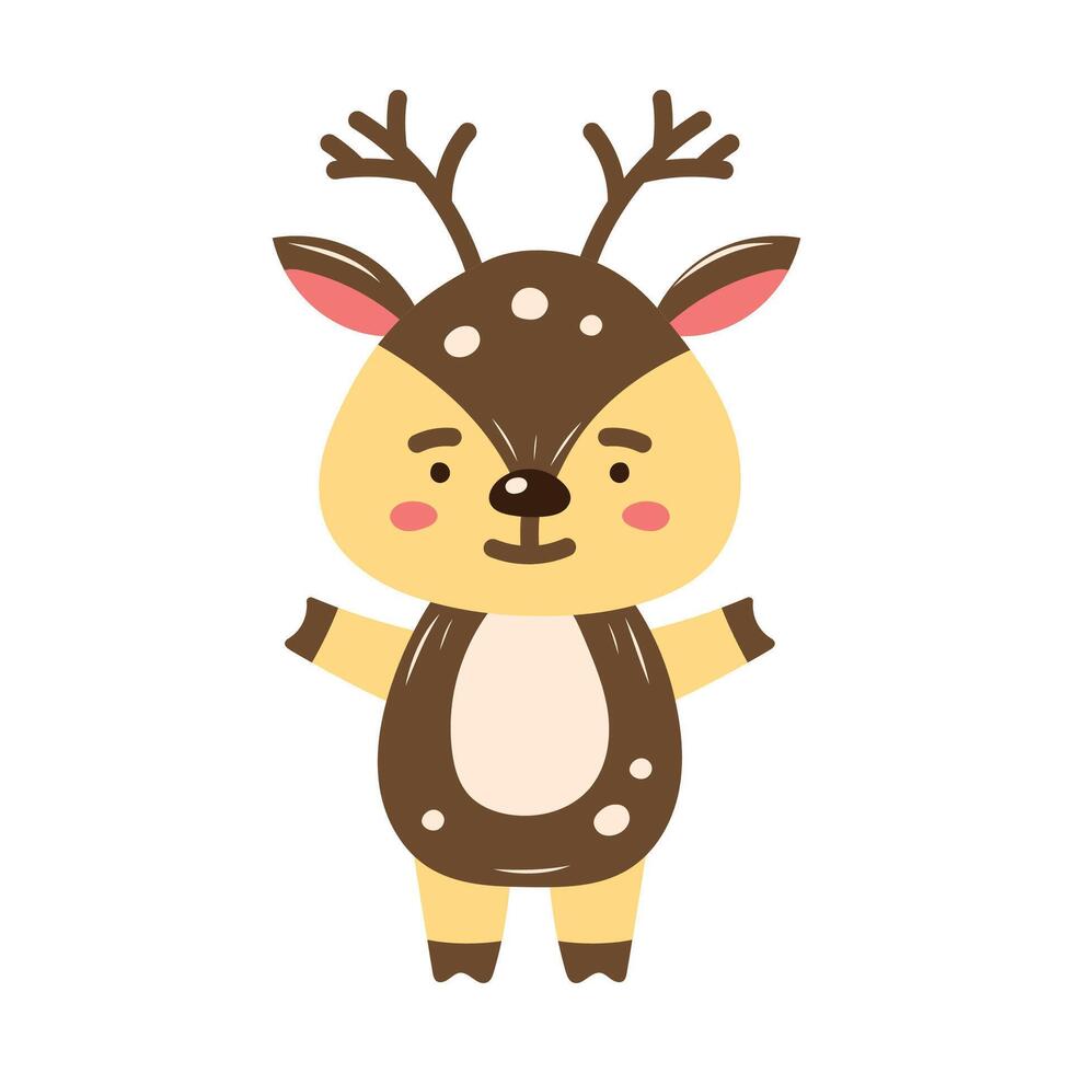 Cute Christmas reindeer in childrens style. Arms to the sides. Isolated element for design of cards, patterns, banners. Christmas and New Year character. illustration. vector
