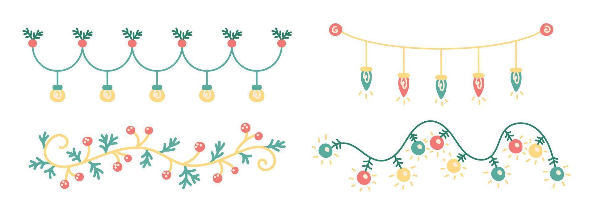 Christmas Garland Set. Hand drawn design elements. For postcards, patterns and banners. Christmas and New Year. Isolated illustration. vector