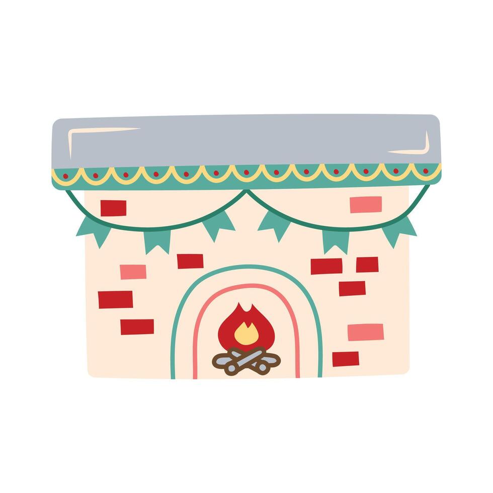decorated Christmas fireplace with fire. Isolated element for design of cards, patterns, banners. Christmas and New Year. illustration. vector