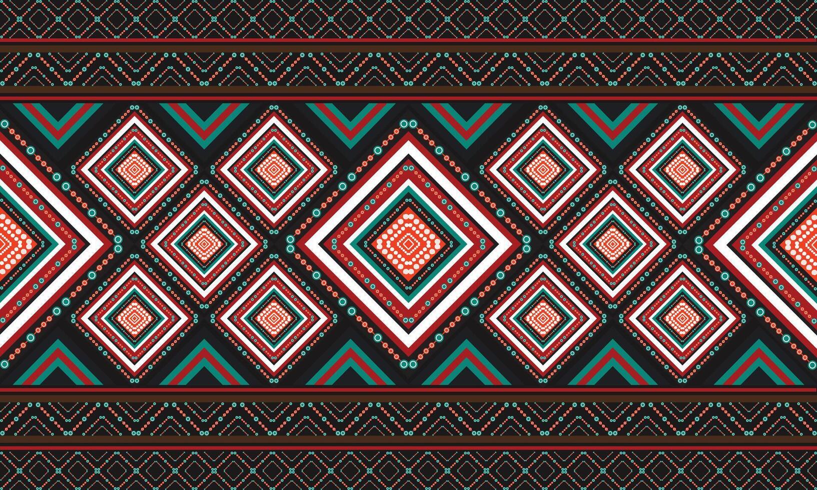 Ethinic Abstract Orange,Green and Yellow Tone rug pattern on black background. Ikat Aztec print. Scandinavian seamless pattern. Ethnic ornament. tribal Scandinavian geometric ikat pattern. vector