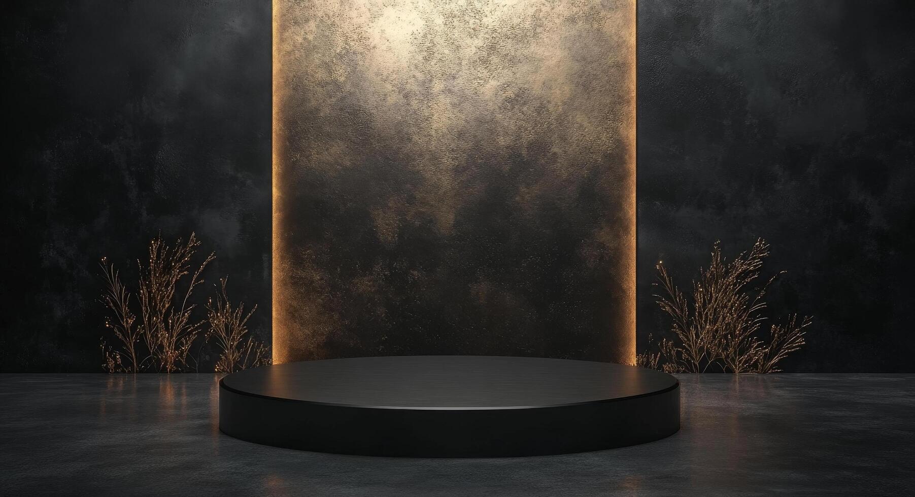 Minimalist circular pedestal with illuminated edge in a darkened studio environment photo