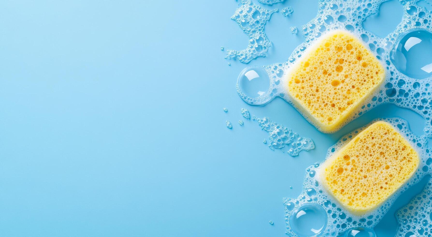 Cleaning sponge surrounded by bubbles on a blue surface during daylight hours photo