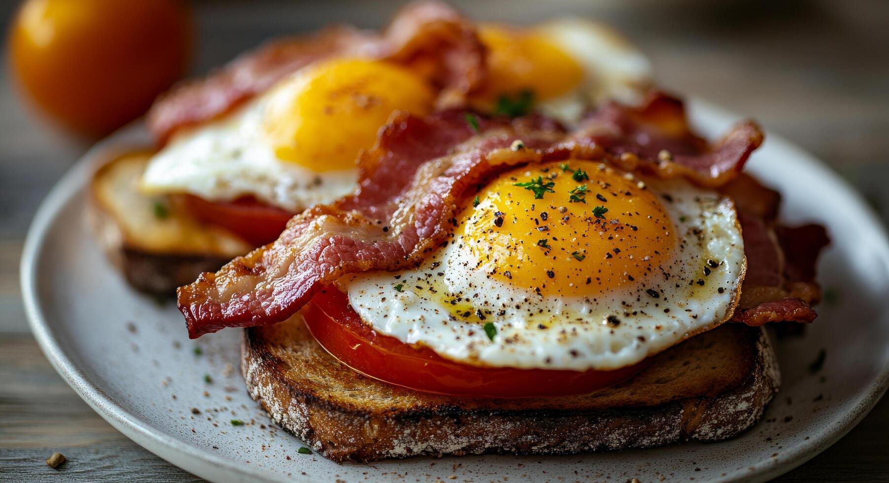 Delicious breakfast with fried eggs, crispy bacon, and cherry tomatoes on toasted bread photo
