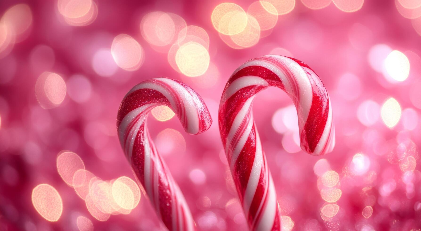 Sweet candy canes create a festive heart shape on a sparkling pink background for the holidays photo