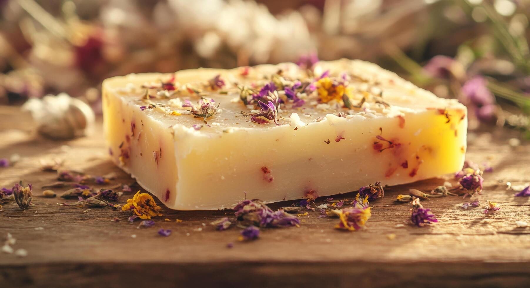 Handmade herbal soap with dried flowers displayed on a wooden surface in a natural setting photo
