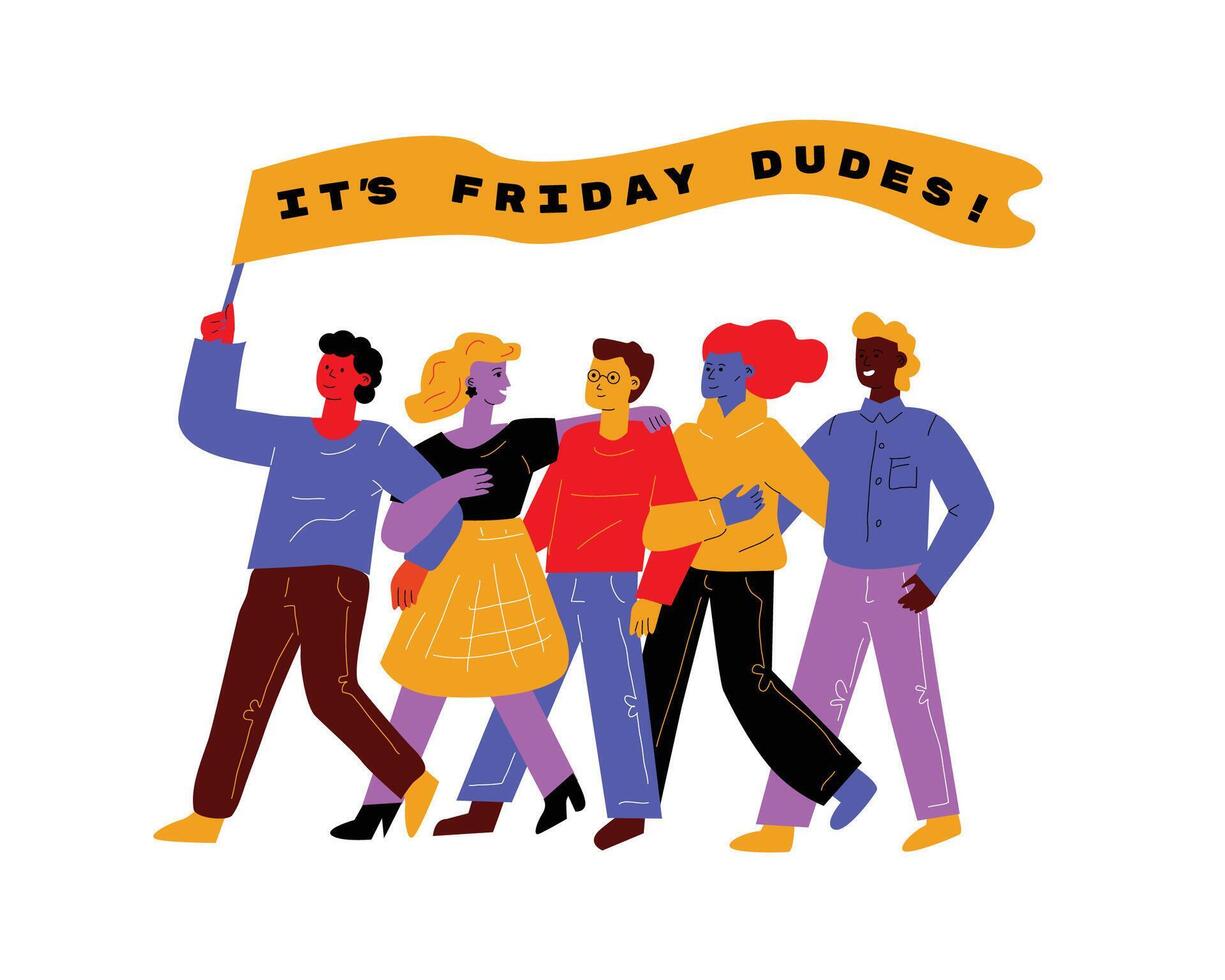 Doodle illustration with a colorful crowd holding a flag on top with the inscription It's Friday dudes. vector