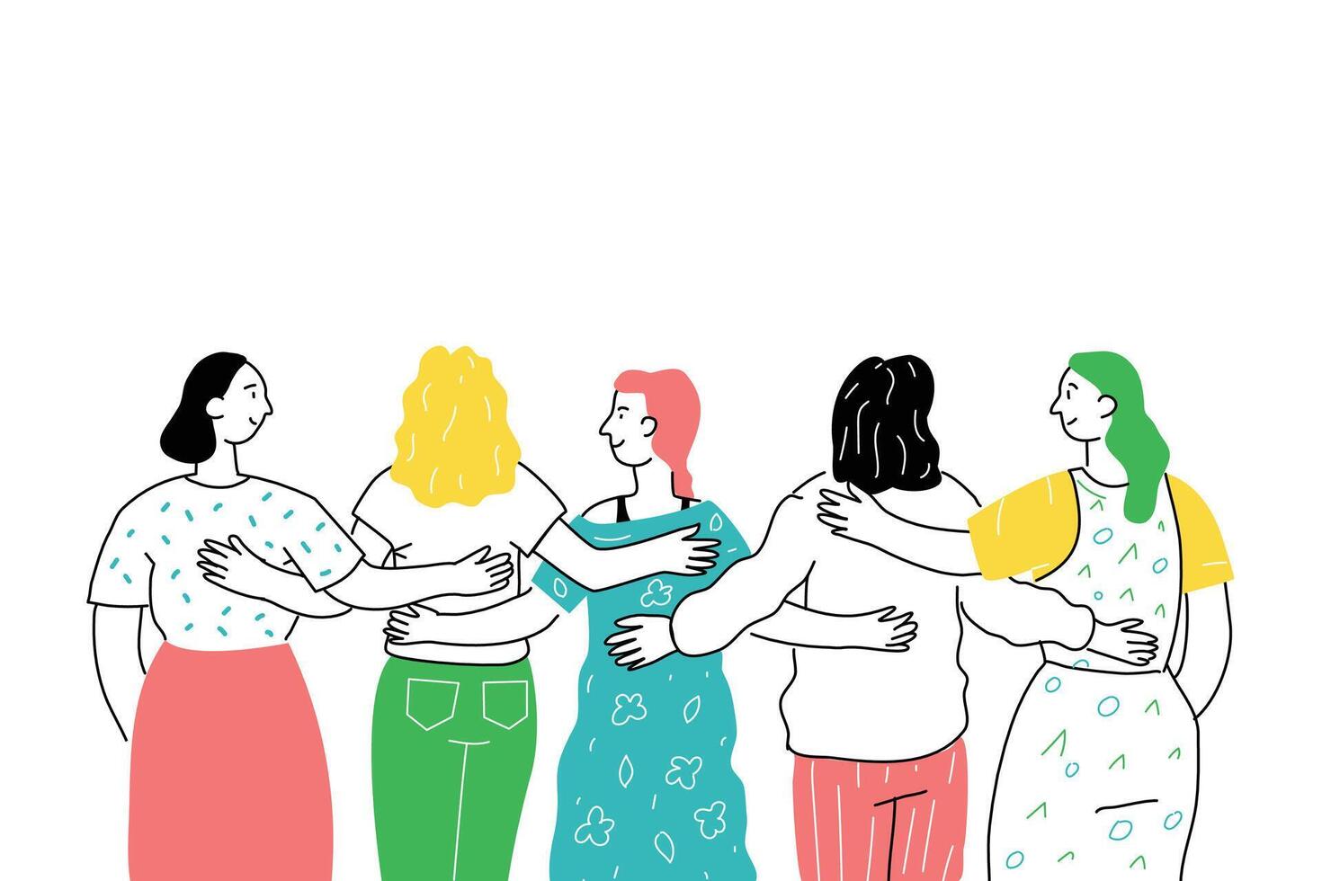 A hugging company of diverse women, a symbol of sisterhood, friendship, support, feminism. Illustration in doodle hand-drawn style. vector