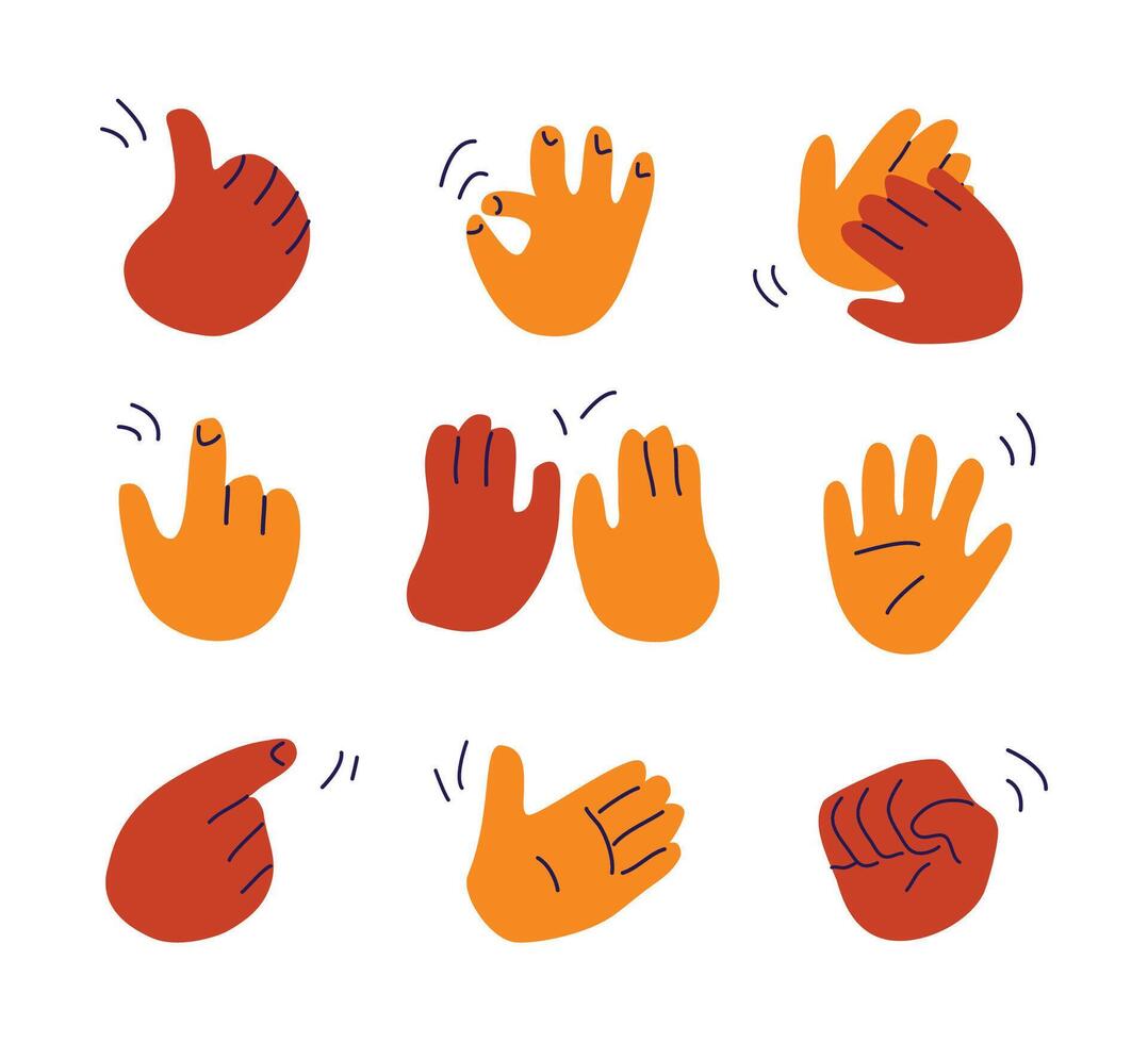 Funny hands drawn in a simple doodle style, depicting different gestures. vector