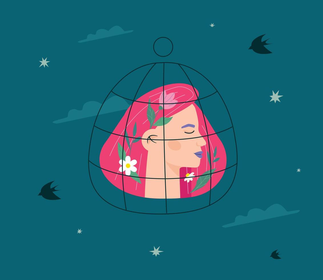 A female head with closed eyes, located in a cage. A symbol of depression, ptsr, freezing reactions, dissociation, dearilization, sleep, dreams, cognitive distortions, mental disorders. vector