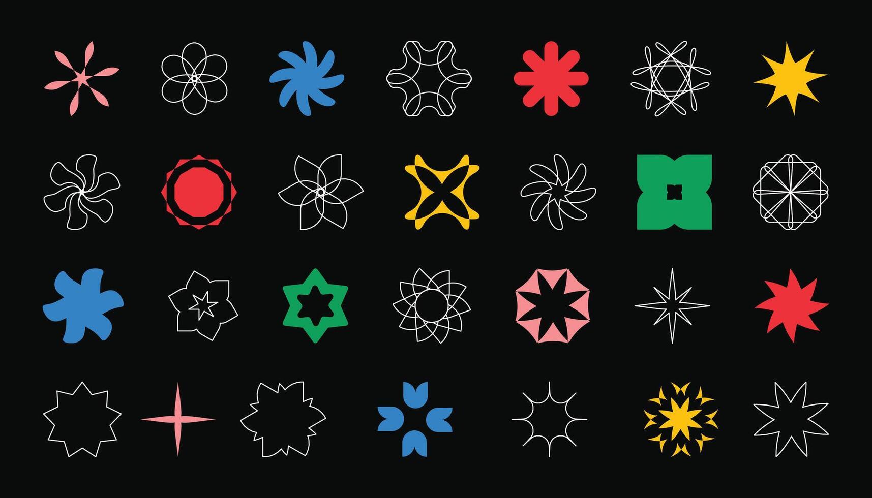 Colorful brutal shapes, simple geometric forms. Solid and contour elements of minimalist graphic design. vector