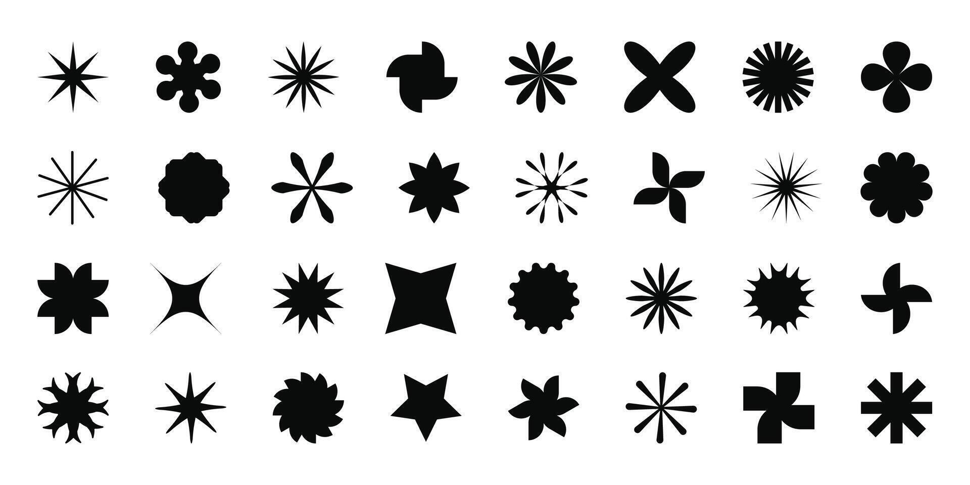 Brutal shapes, simple geometric forms. Elements of minimalist graphic design. Set of stars and flowers. vector