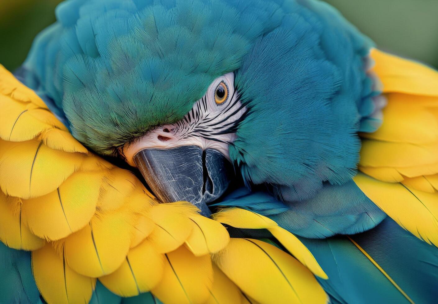Vibrant macaw perched quietly, showcasing its colorful feathers in a natural habitat setting photo