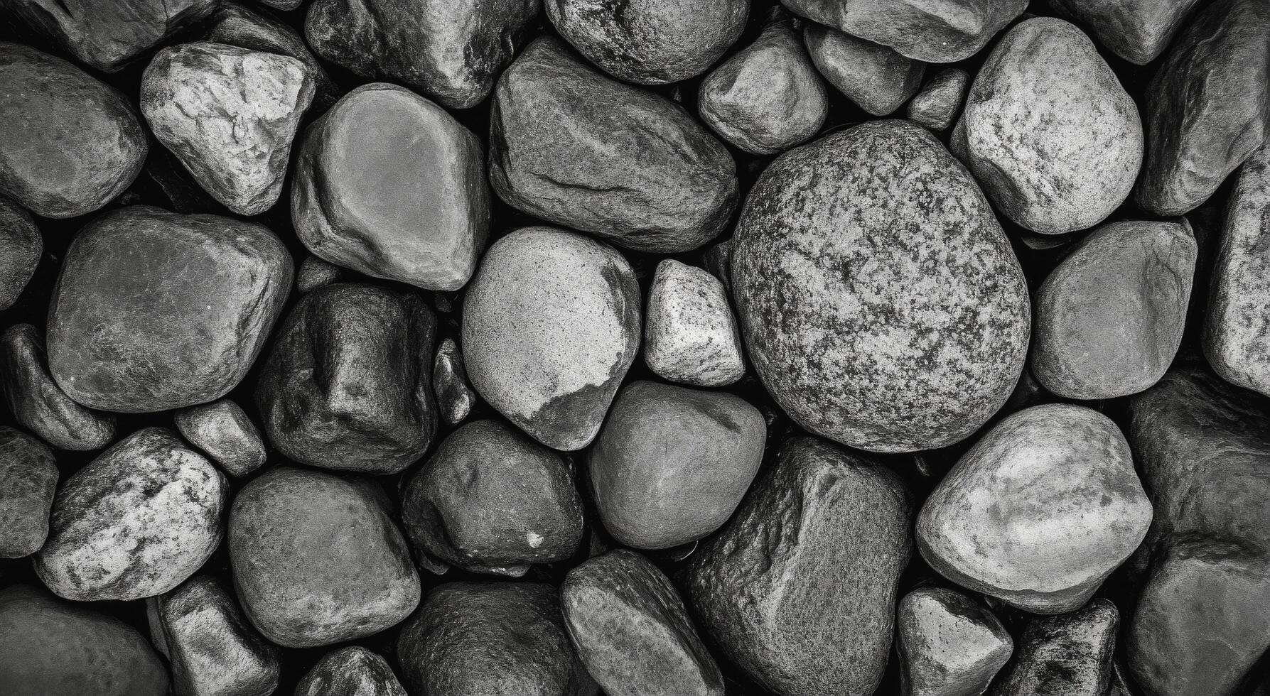 A collection of smooth black stones arranged on a flat surface with varied shapes and sizes photo