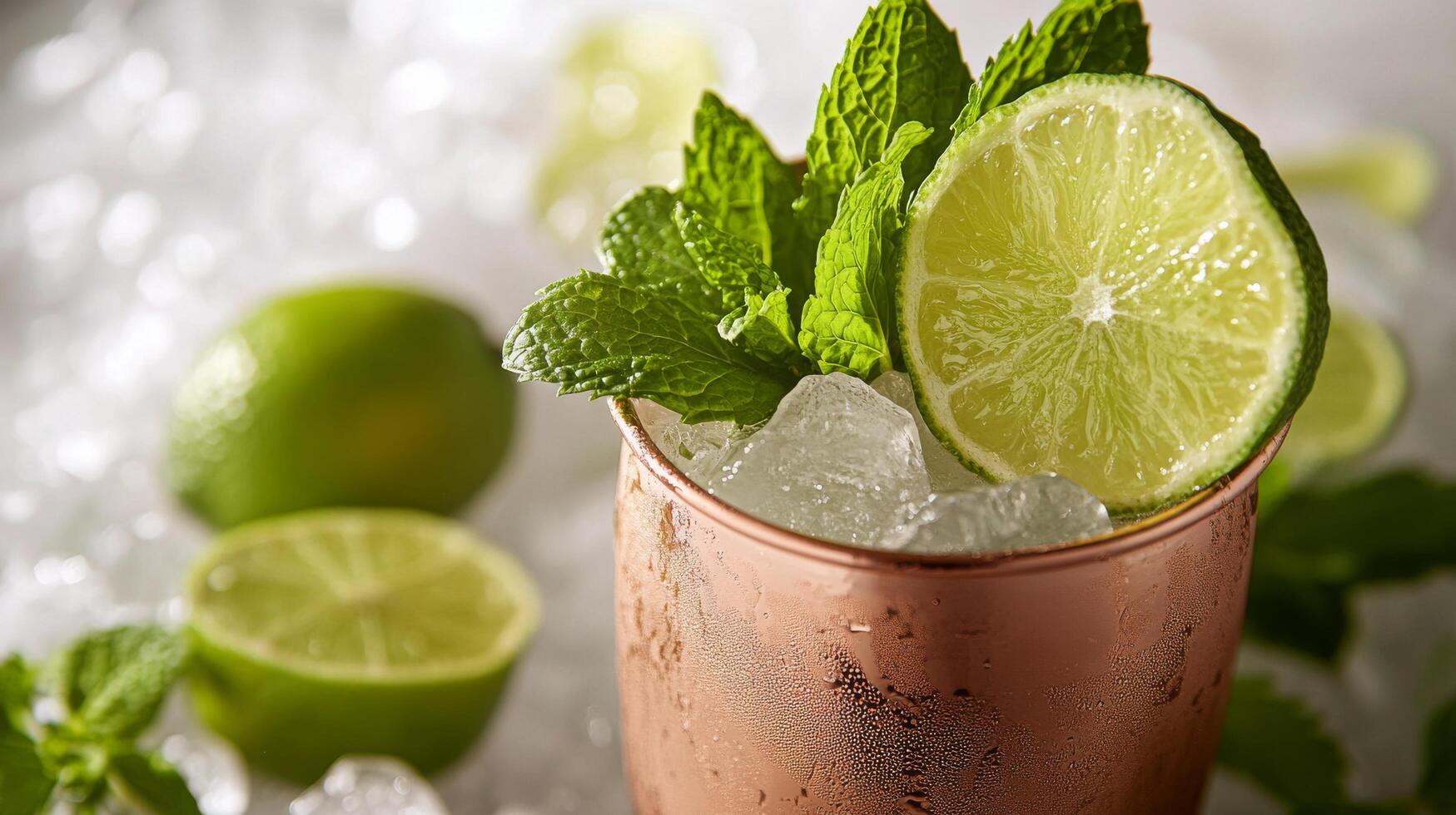Refreshing mint cocktail served with lime in a copper cup on crushed ice during summer photo