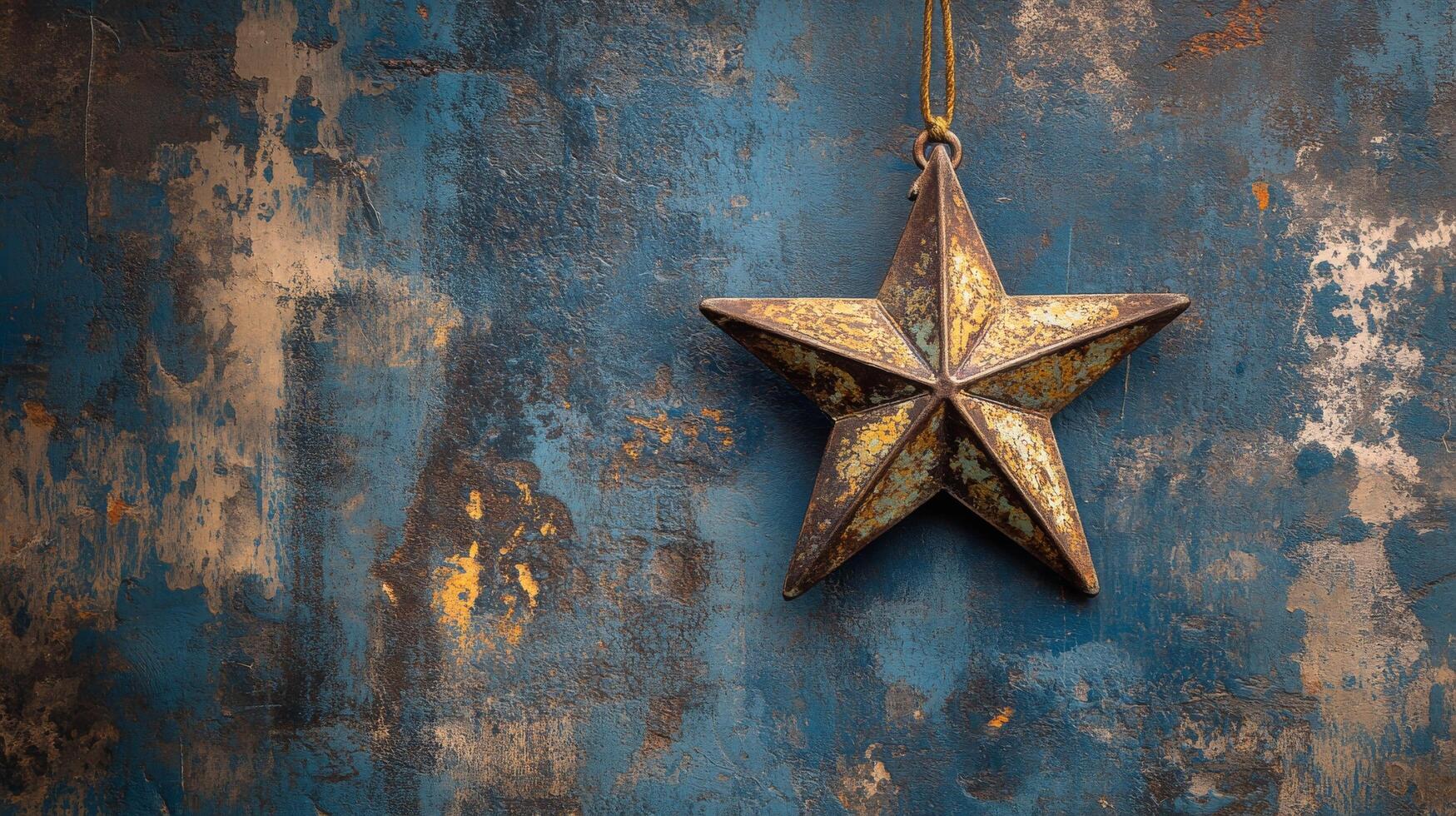 A rustic five-pointed star ornament hanging against a weathered blue wall background photo