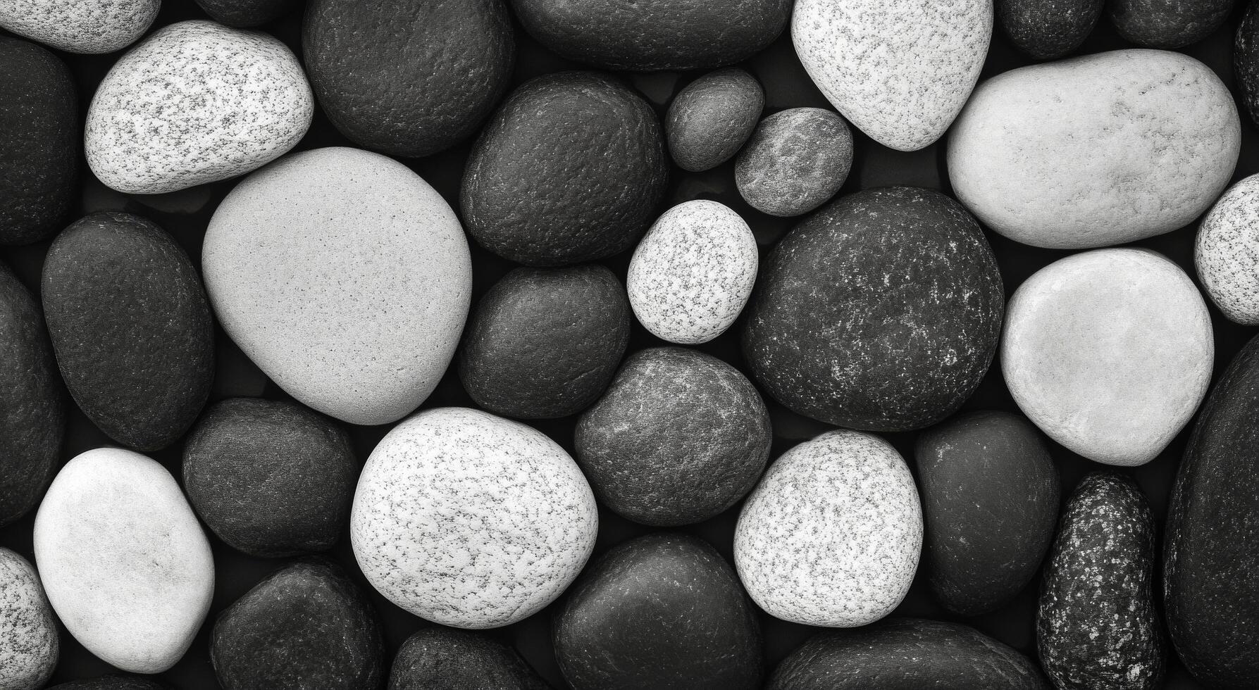 Varied collection of smooth stones in black and white, showcasing natural textures and shapes photo
