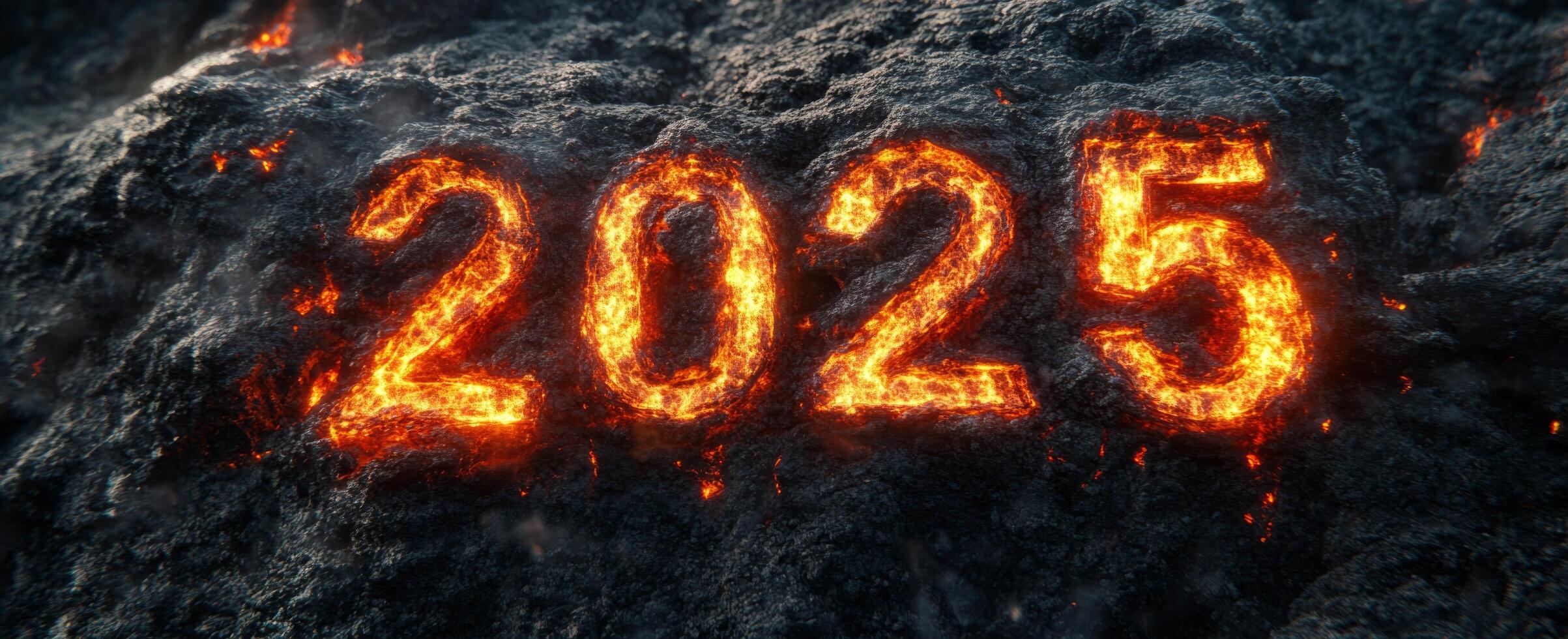 Fiery representation of the year 2025 with molten lava glow against a dark volcanic backdrop photo
