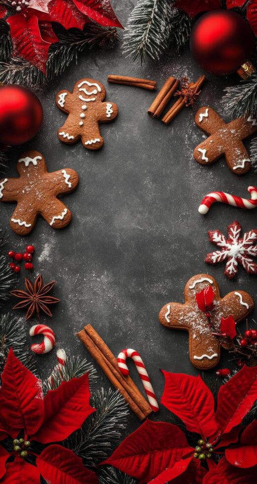 Festive Christmas cookies arranged with decorations and spices for holiday celebrations photo