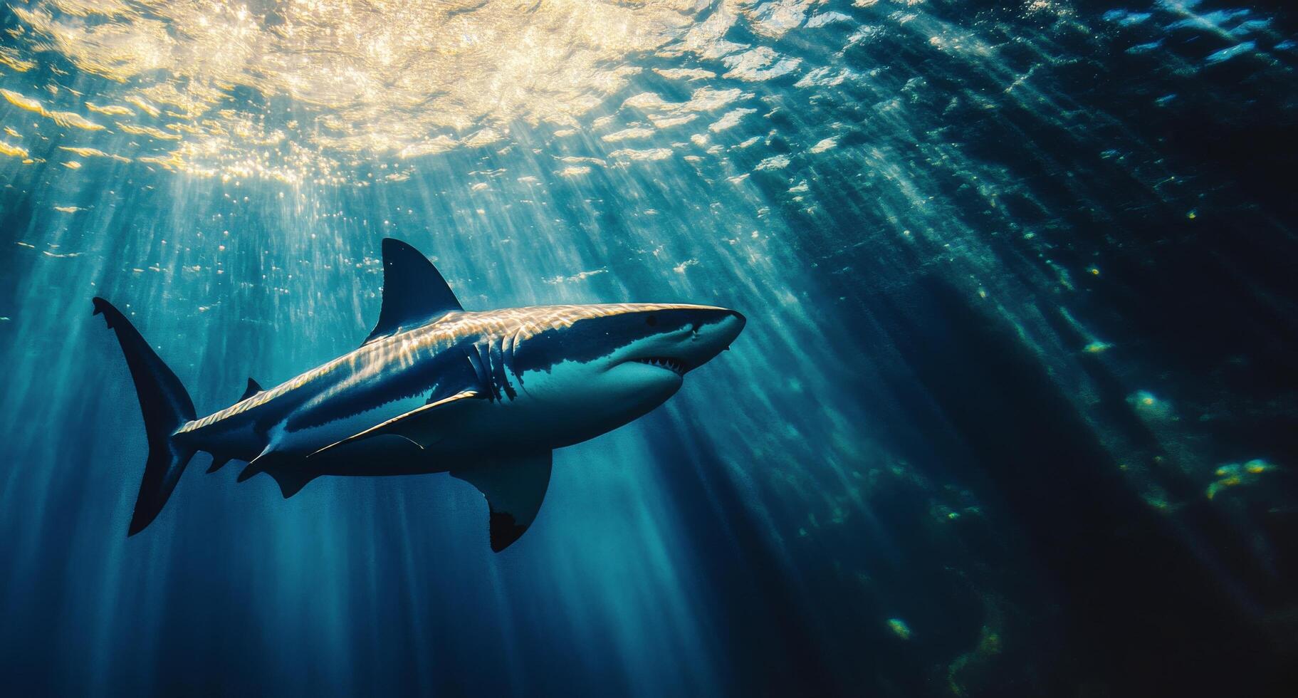 A great white shark gliding gracefully through sunlit ocean depths in vibrant blue waters photo