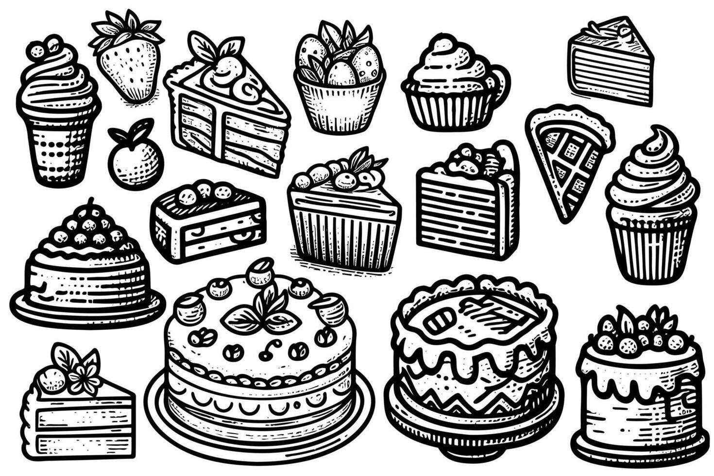 A black and white drawing of various cakes vector