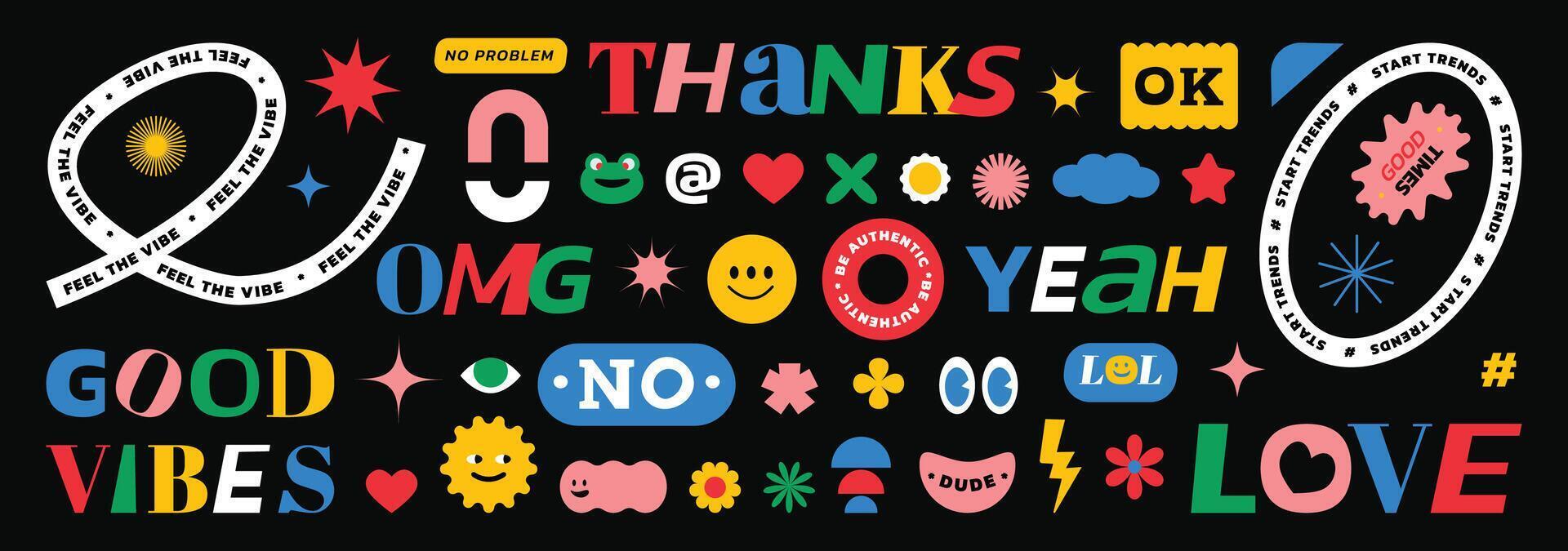 A set of stickers, label with naive bright abstract shapes. Design elements with distorted typography and geometric shapes. Rethinking the style of groovy and brutalism. vector