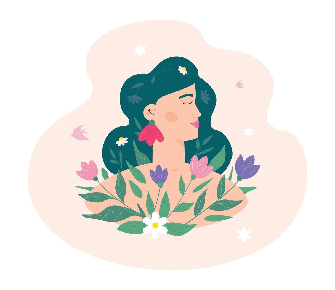 A female profile surrounded by flowers is a symbol of psychological harmony, peace of mind, healthy self-esteem. vector