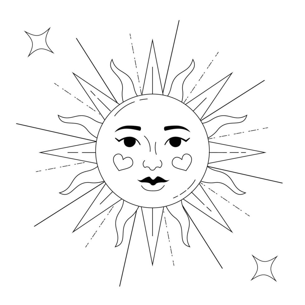Celestial mystical illustration of the sun with a face. Monochrome contour artwork for tattoo, branding, print. vector