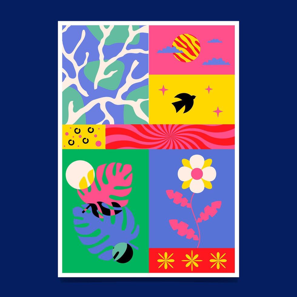 A colourful kitschy poster in the form of a collage with primitive patterns and drawings. vector