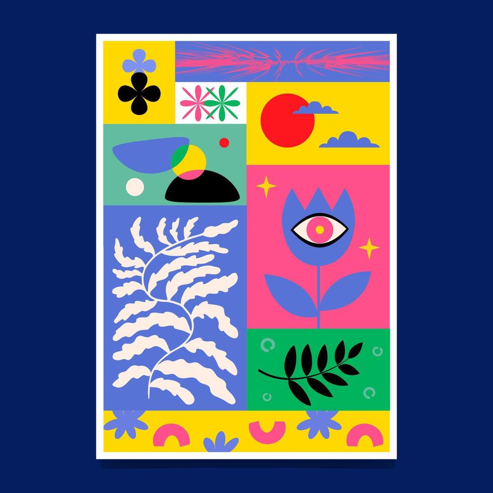 A poster in the form of a kitsch collage with bright primitive patterns and doodles. vector