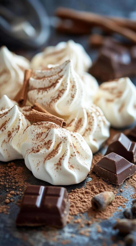 Delicious meringue cookies topped with cocoa powder near dark chocolate and cinnamon sticks photo