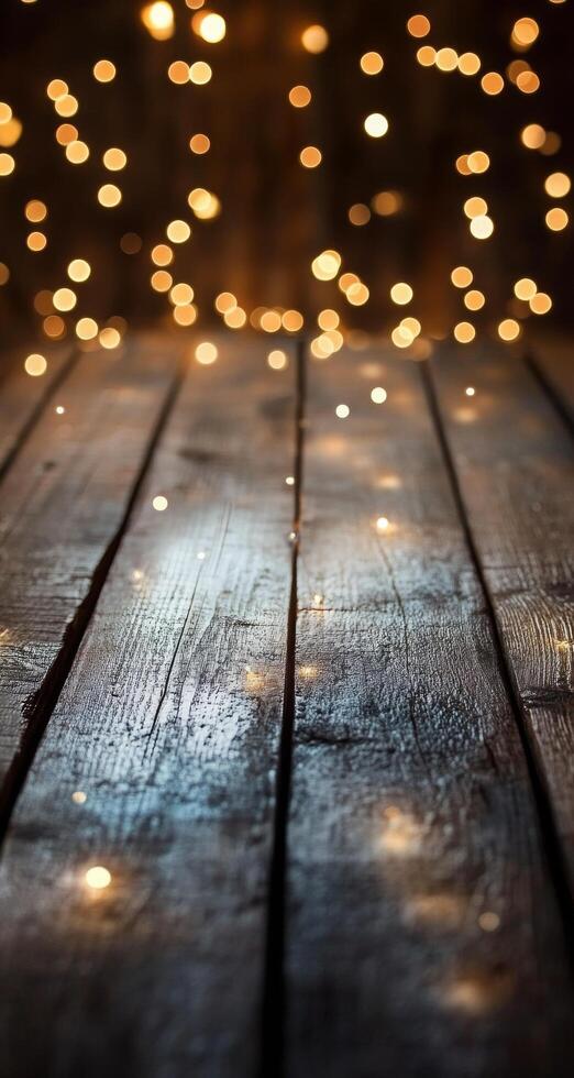 Soft golden bokeh lights glimmering on a wooden surface during a festive evening setting photo