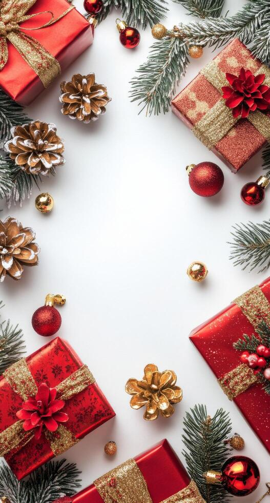 Festive holiday decorations with red gifts and ornaments arranged around a blank space photo