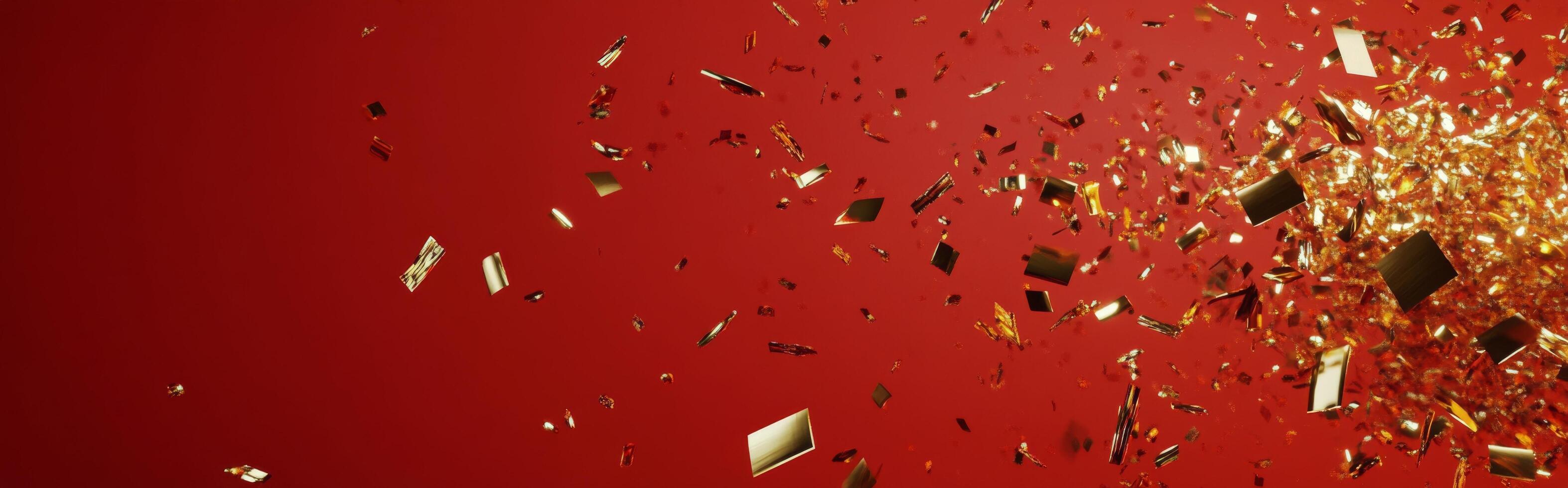 Golden confetti cascading against a vibrant red background during a festive celebration event photo