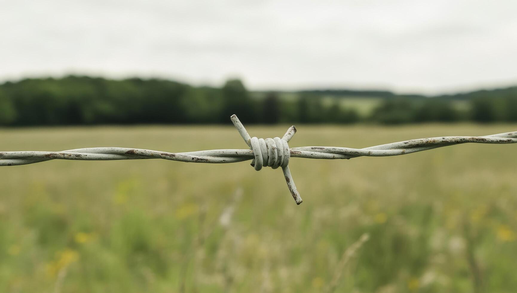 Barbed wire fence along a rural field at dusk with gentle sunlight illuminating the landscape photo