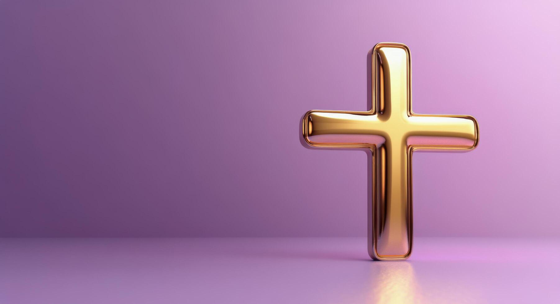 A golden cross set against a smooth purple background for religious symbolism and decoration photo