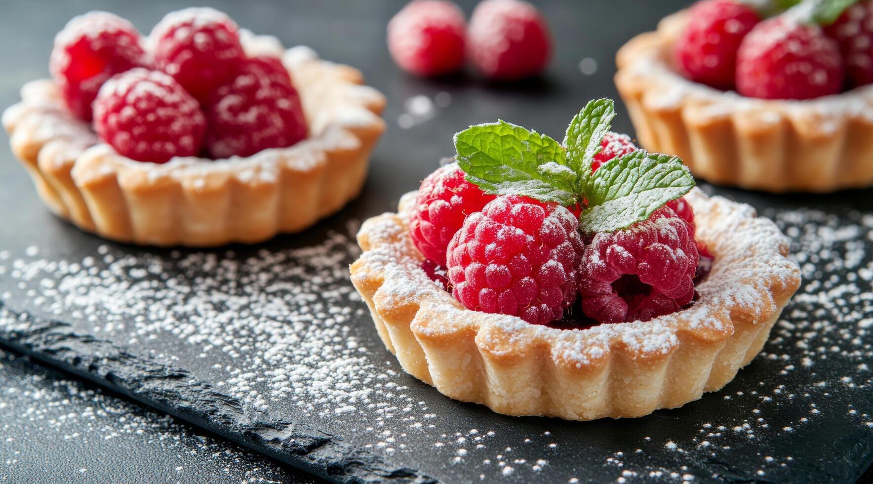 Delicious raspberry tarts with fresh mint displayed on a dark slate board photo